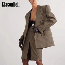 Work Dresses 11.23 KlasonBell Women's Temperament Houndstooth Plaid Double Breasted Wool Blazer Or Front Split Skirt Set