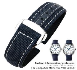 20mm Nylon Canvas Cowhide Watchband For Omega Sea Master 300 AQUA TERRA 150 AT150 8900 Leather Fabric Blue Black Strap Watch Brace3099207