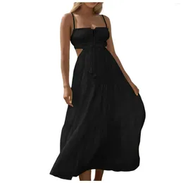 Casual Dresses Black Beach For Women Hollow Out Ruffled Spaghetti Strap Chest Wrap Summer Dress Backless Lace Up Flowy Long