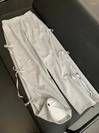 Women's Pants Korean Style Grey Sweatpants Women Spring Vintage Bow Lace-up Straight Wide Leg Fashion Trend Loose Long