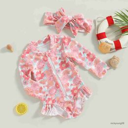 One-Pieces Kids Clothes Girls Swimwear Rash Guard Swimsuit Flamingo/Flower Print Zipper Sun Protection Bathing Suit Baby Swimming Clothing