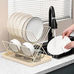 Kitchen Storage Metal Folding Dish Drying Rack With Drain Board 2 Tiers Rustproof Plates And Bowls Countertop Organizer