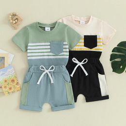 Clothing Sets Toddler Kid Boys Summer Casual Short Sleeve Striped Print Tops And Drawstring Shorts Outfits