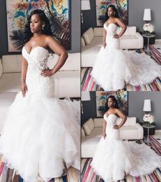 2022 Sexy African Sweetheart Mermaid Wedding Dresses Illusion Lace Appliques Crystal Beaded Ruffles Tiered Organza Formal Bridal G3839320