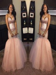 2017 African Blush Pink Sequin Mermaid Prom Dresses Crystal Sweetheart Tulle Trumpet Train Floor Length Formal Evening Celebrity P5161046