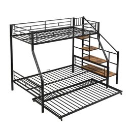 Twin over Full Size Metal Bunk Bed with Trundle and Storage Staircase,Versatile Bed Kids bed w/ full-length guardrail,Black