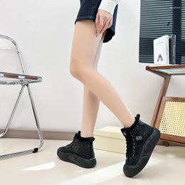 Casual Shoes Winter Women's Vulcanised Plus Velvet Mid-heel Round Toe Lace-up High-top Colour Matching Fashion For Women