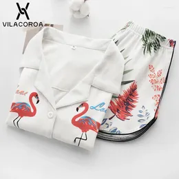 Home Clothing Vilacoroa Revere Collar Allover Flamingo Print Blouse & Shorts Pajama Set White Short Sleeve Cute Sleepwear With Button