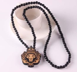 Good Wood Chase Infinite Deep Brown Lion head Pendant Wooden Beads Necklace Hip Hop Fashion Jewellery animal for women men chain6935792