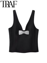 TRAF GAL Shiny Diamonds Bow Women Camis Summer Deep V Neck Sexy Sleeveless Backless Slim Female Crop Top Y2K Tanks 240329