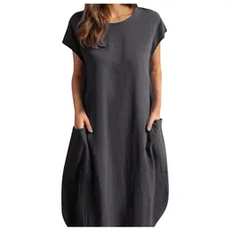 Casual Dresses Women Boho Loose Dress Retro Contton Linen Solid Short Sleeve Pocket Beach Female Summer Vestidos Mujer Robe