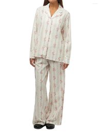 Home Clothing Women Casual Pyjamas Lounge Set Floral Print Turn-Down Collar Long Sleeve Shirts Tops And Pants 2 Piece Loungewear Outfits