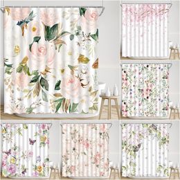 Spring Bouquet Shower Curtains Watercolour Flowers Pink Roses Leaves Elegant Flowers Natural Plants Bathroom Curtains