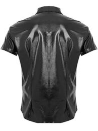 S-5XL Shiny Faux PU Leather Short Sleeve Tshirt Single Breasted Turn Down Collar T Shirt Men Tees Hip Hop Gothic Tops Hot Shaper