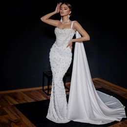 Fashionable Mermaid Evening Dresses for Women One Shoulder Bead Celebrity Dress White Satin Vestidos De Noche