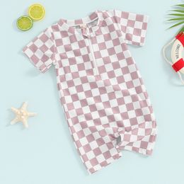 Infant Baby Boy Swimsuit Short Sleeve Checkerboard Print Zipper Rash Guard Swimwear Beach Bathing Suits