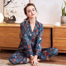 Home Clothing Silk Turn-down Collar Sleeping Pajamas For Women Casual Lingerie Long Pants Sleeve Nightwear Two Piece Wear