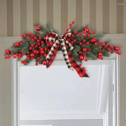 Decorative Flowers Christmas Artificial Pine Branch Wreath With Plaid Bow Needles Hanging Garland Festival Favours For Wall Door Lintel Decor