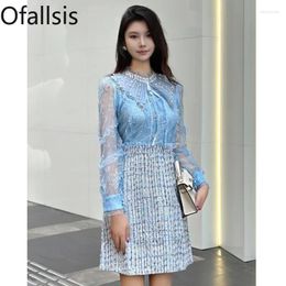 Party Dresses Ofallsis Temperament Long Sleeved Thick Floral Patchwork Embroidered Mesh Dress 2024 Autumn High Waisted Slim A Line