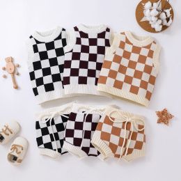 Shorts FOCUSNORM 03Y Autumn Baby Girls Boys Clothes Sets 2pcs Checkerboard Printed Knitted Sleeveless Sweater Vest+Shorts