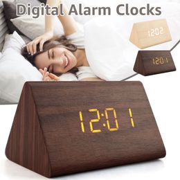 Digital Alarm Clocks LED Triangle Alarm Clocks Voice Control Electric Wooden Clock Battery USB Powered Clock for Home Desktop