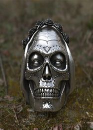Goth Santa Muerte Ring Rose Crown Sugar Skull Stainless Steel Rings Womens Punk Biker Jewellery Unique Gift5091182