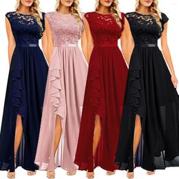 Casual Dresses Women'S Lace Floral Dress Bow Belt Elegant Irregular Length Sleeveless Chiffon Bridesmaid Cocktail Party