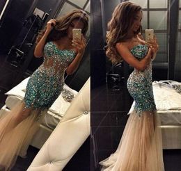 Luxury Mermaid Evening Dresses Champagne Tulle Sheer See Through Off Shoulder Custom Made Sparkly Rhinestone Prom Dresses2907298