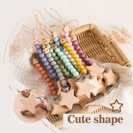 Baby Wooden Star Pacifier Clips Dummy Holder Chain Silicone Chew Beads Teething Nipple Soother Chain For Baby Nursing Chew Toys