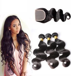 Brazilian Body Wave Human Hair 3 Bundles With Closures Natural Black Color4964733