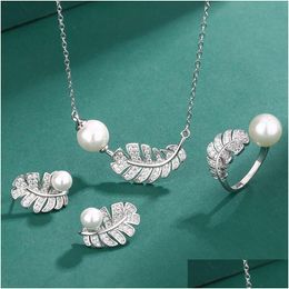 Earrings & Necklace S925 Sterling Sier Luxury Pearl Pendant Jewellery For Women Shining Crystal Feather Designer Earings Earring Neckla Dh2Xg