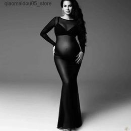 Maternity Dresses Thin gauze maternity clothing mesh fabric long sleeved elastic womens maternity clothing ultra-thin and slim fitting style skiing Q240413