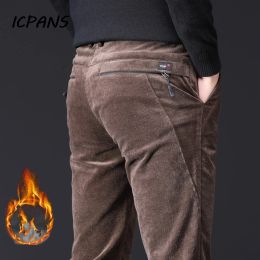 Pants ICPANS Thicken Fleece Corduroy Winter Pants Men Zipper Black Khaki Pencil Pants Male Trousers of Leisure Men's Casual Pants