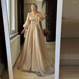 Party Dresses Sevintage Modest Champagne Prom Long Sleeves High-Neck A-Line Arabic Muslim Evening Dress Turkish Formal Gowns