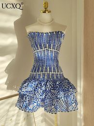 UCXQ Retro Blue Printed Hollow Out Design Slim Fit Ruffles Patchwork Strapless Sleeveless Dress Beach Holiday Dresses Autumn 240410