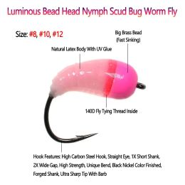 6pcs #8 #10 #12 Luminous Brass Bead Head Fast Sink Nymph Scud Bug Worm Fly Caddis Larvae Insect Baits Trout Ice Fishing Lures