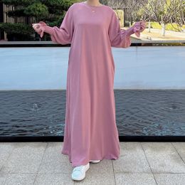 Under Abaya Inner Long Slip Dress Solid Color Smocked Cuffs Islamic Clothing Muslim Woman Casual Dubai Turk Modest Hijabi Robe 240411