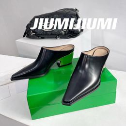 Slippers 2024 JIUMIJIUMI Handmade Genuine Leather Pointed-Toes Spike Heel Woman Street Style Mules Shoes Slides Zapatos De Mujer