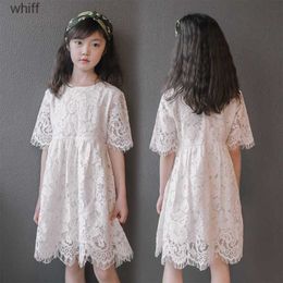 Girl's Dresses Girl White Lace Hallowen Out Dress for Kids Short Sleeve Cotton Summer Flower Girls Wedding Costume 210529 C240413