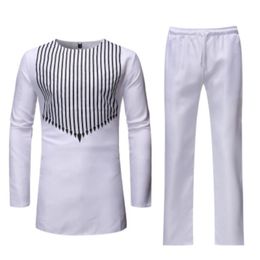 Mens Shirt White Print Top Pant 2 Pieces Outfit Set Traditional Clothes Casual Suit Dashiki Trouser 240401