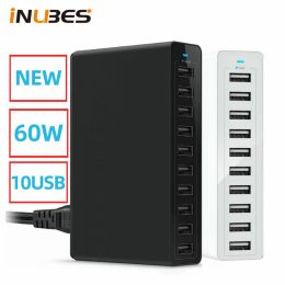 Shavers 60w Fast 10 Ports Usb Charger for Iphone Ipad Kindle Samsung Xiaomi Charging Station Dock Multi Usb Charger Desktop with Cable