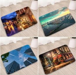 Bath Mats Street Scenery Bathroom Bridge Road Cherry Blossom River Tower Doorway Rug Bedroom Kitchen Flannel Non-Slip Carpet Washable