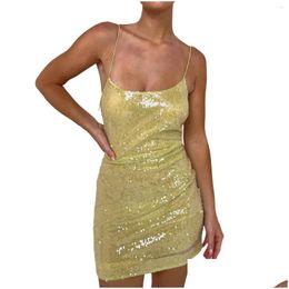 Basic Casual Dresses Sparkly Womens Party Dress 2024 Backless Sleeveless Spaghetti Strap Sequined Bodycon Evening Tight Short Prom Dro Dhvyw