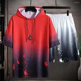 Men's Tracksuits Gradient Colour Gym Outfit Men Sports Suit Summer Casual Hooded Top Wide Leg Shorts Set In Loose Fit
