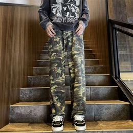 2024 Spring Hip Hop Camo Jeans Men's Loose Straight High Street Side Zipper Wide Leg Pants NZ099-P55