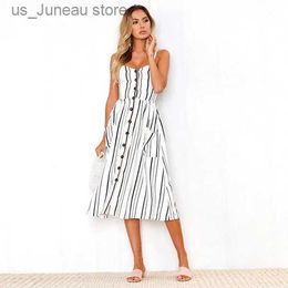 Basic Casual Dresses Boho Sexy Floral Dress Summer Vintage Casual Sundress Female Beach Dress Midi Button Backless Polka Dot Striped Women Dress2024 1 T240415