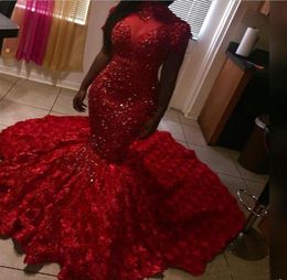 Sparkly Red Prom Dresses High Neck Long Sleeves 3D Rose Flowers Sweep Train Mermaid Evening Gowns Custom Size Celebrity Party Dres3441909