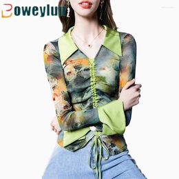 Women's T Shirts Boweylun Satin Patchwork Lapel Pullover Vintage Printed Mesh Women Flared Sleeve Drawstring Tops