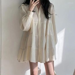 Casual Dresses Women Long Sleeve Single Breasted Solid Ruched Texture A Line Swing Shirt Dress 066C