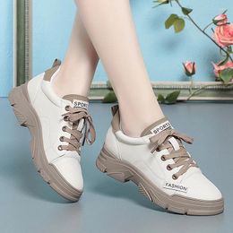 Casual Shoes Spring Women Non-slip Soft Leather Sneaker Trekking Footwear Thick-soled Lace-up Leisure Skateboard Sports